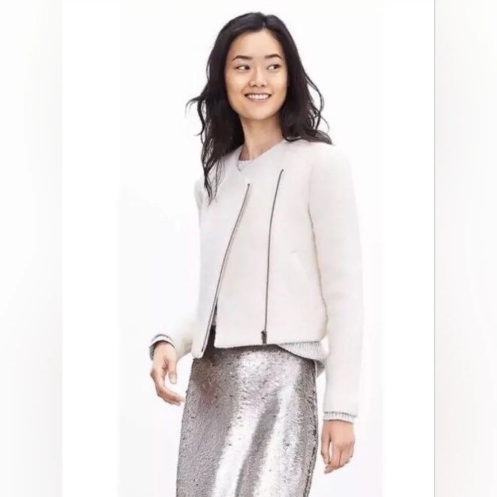 Banana Republic Boucle Wool Winter White Boucle Moto Jacket Coat Size 4